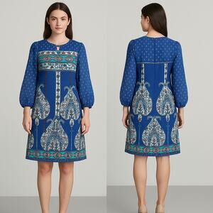 Ally B Blue Boho Paisley Print Dress Women’s Size 14 3/4 Sleeve Lined Shift Chic